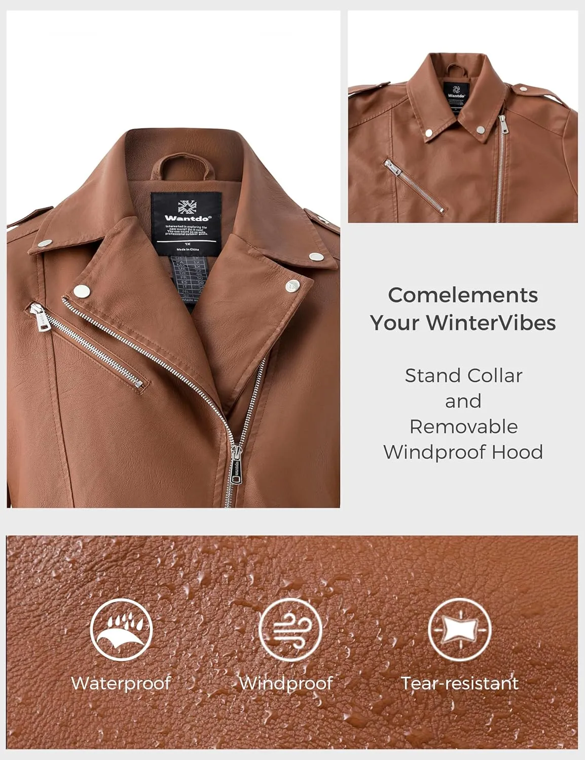 wantdo Women's Plus Size Faux Leather Jacket Lapel Collar Moto Biker Short Coat Jacket