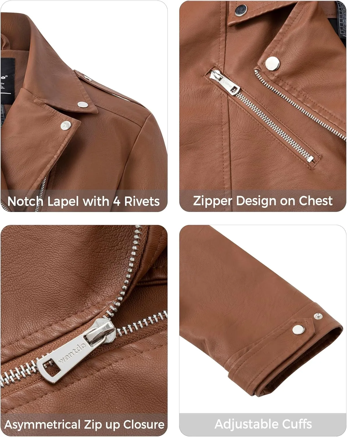 wantdo Women's Plus Size Faux Leather Jacket Lapel Collar Moto Biker Short Coat Jacket