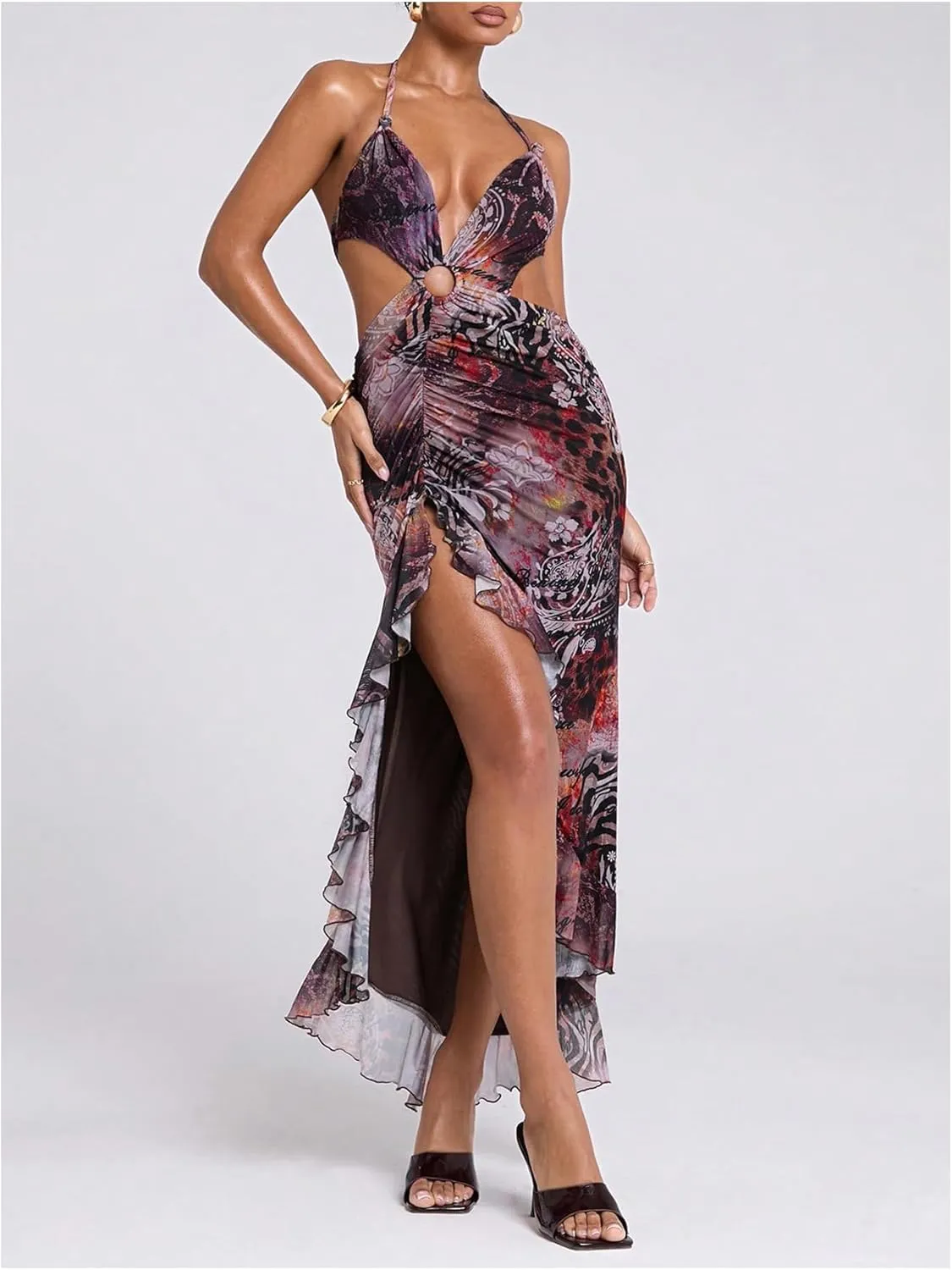 WDIRARA Women's Halter Cut Out Dress Printing Ruffle Asymmetrical Hem High Slit Mesh Dresses