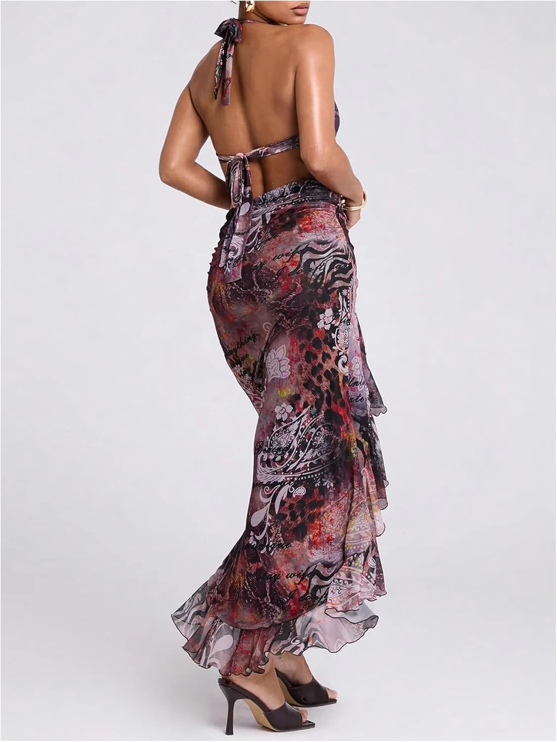 WDIRARA Women's Halter Cut Out Dress Printing Ruffle Asymmetrical Hem High Slit Mesh Dresses