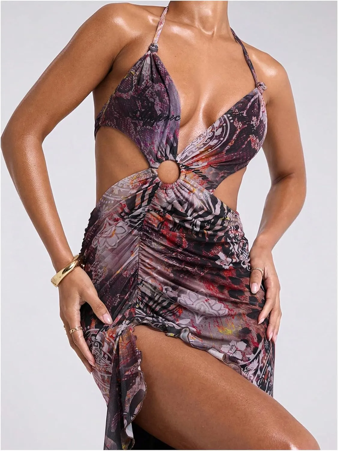 WDIRARA Women's Halter Cut Out Dress Printing Ruffle Asymmetrical Hem High Slit Mesh Dresses