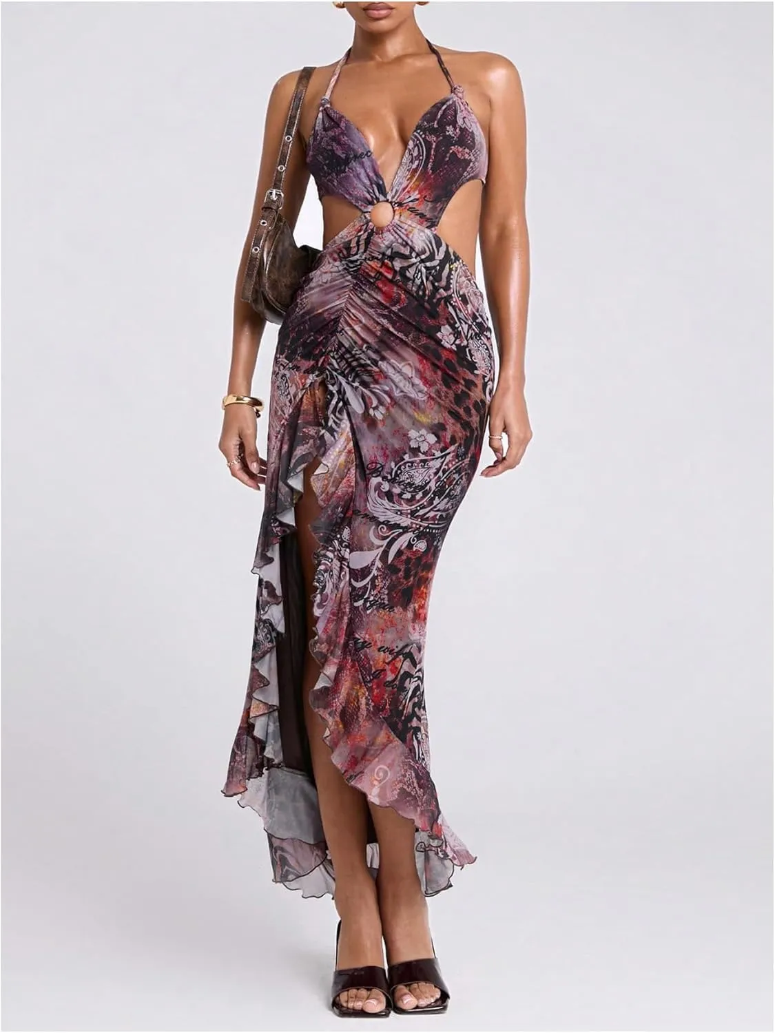 WDIRARA Women's Halter Cut Out Dress Printing Ruffle Asymmetrical Hem High Slit Mesh Dresses