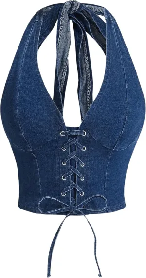 WDIRARA Women's Lace Up Front Denim Halter Tops Deep V Neck Tie Back Smocked Sleeveless Crop Top
