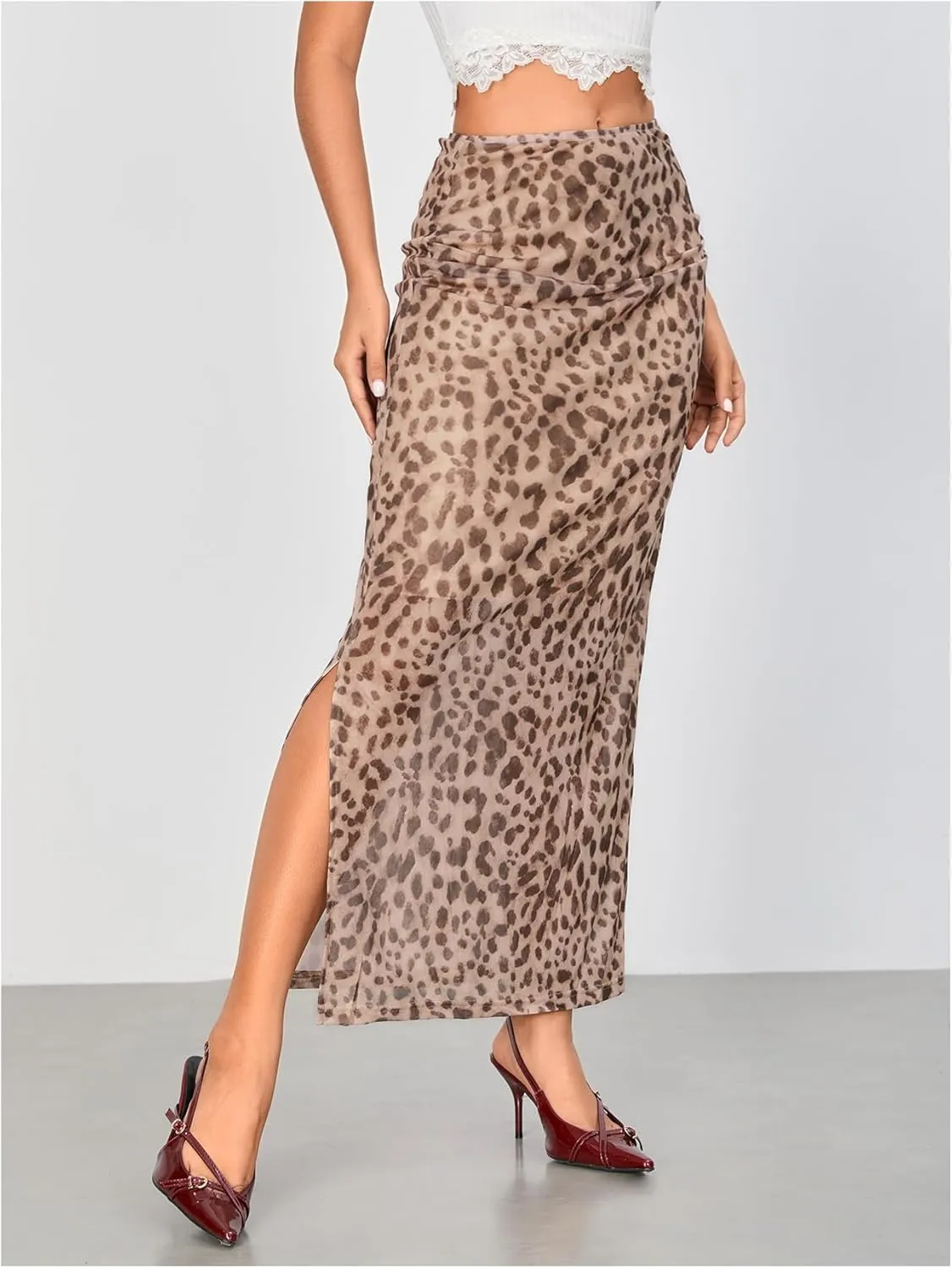 WDIRARA Women's Leopard Print Mesh Skirt Ruched Split Thigh Low Waist Maxi Skirts
