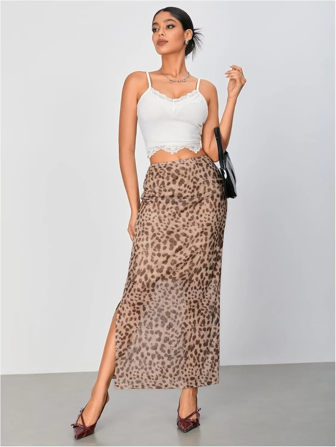 WDIRARA Women's Leopard Print Mesh Skirt Ruched Split Thigh Low Waist Maxi Skirts