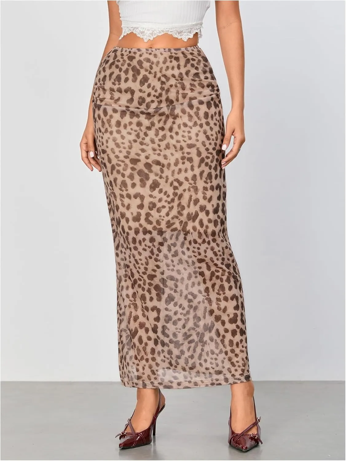 WDIRARA Women's Leopard Print Mesh Skirt Ruched Split Thigh Low Waist Maxi Skirts