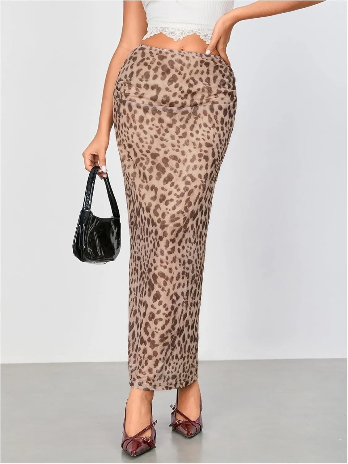 WDIRARA Women's Leopard Print Mesh Skirt Ruched Split Thigh Low Waist Maxi Skirts