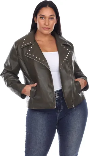 white mark Women's Plus Size Faux Leather Biker Jacket with Studs