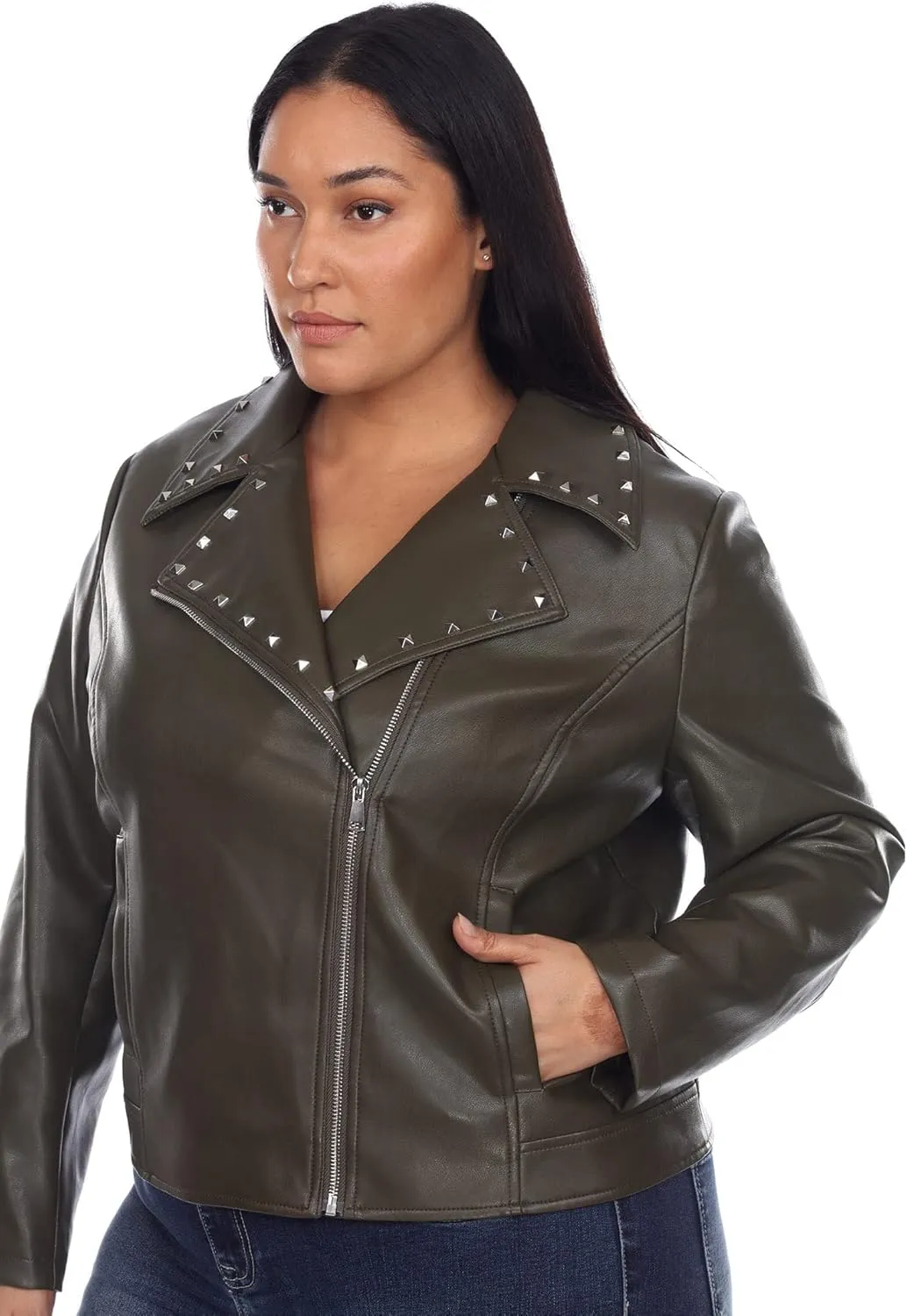 white mark Women's Plus Size Faux Leather Biker Jacket with Studs
