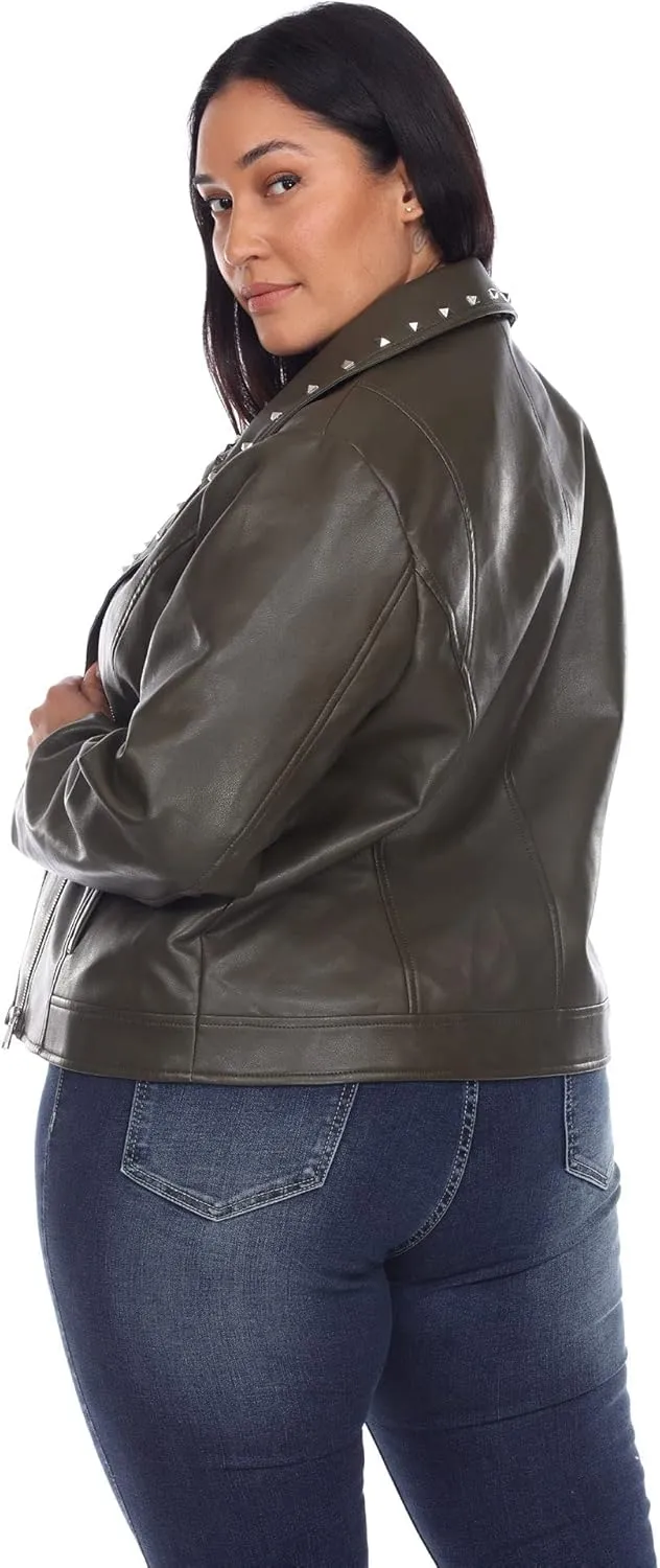 white mark Women's Plus Size Faux Leather Biker Jacket with Studs