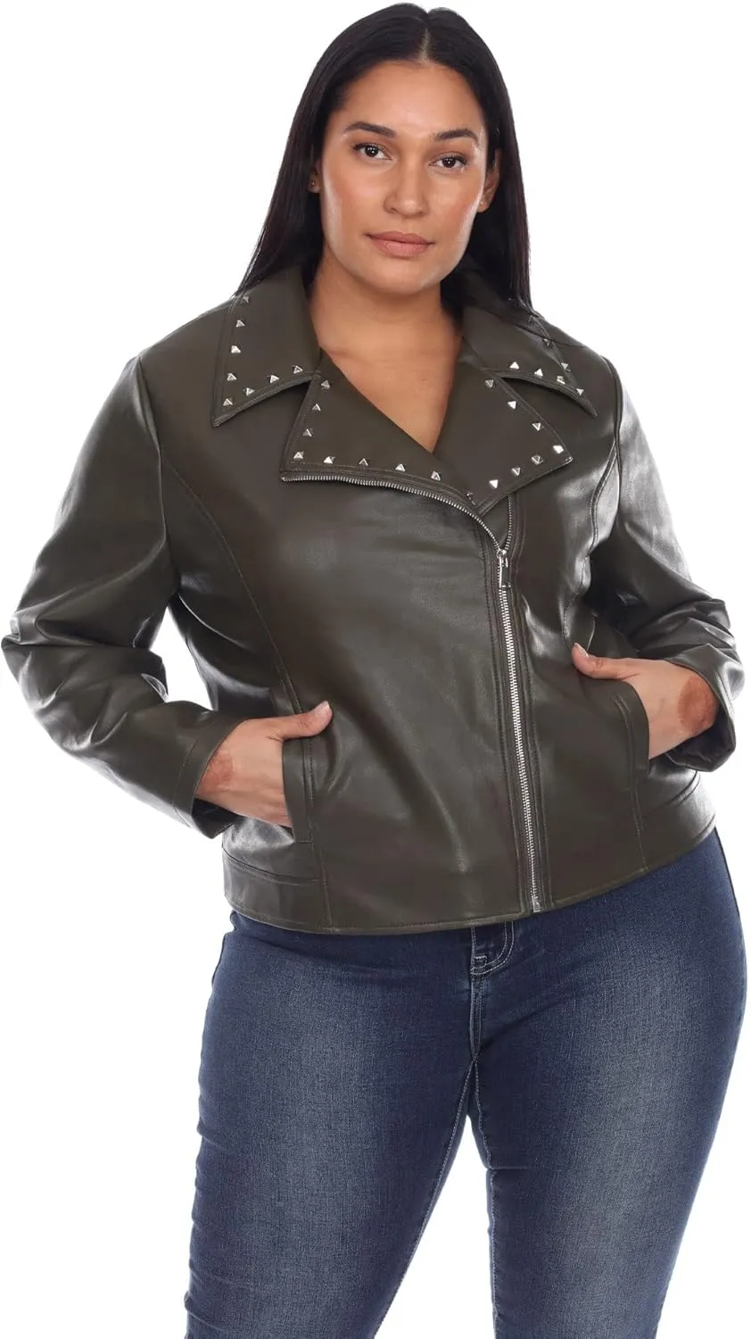white mark Women's Plus Size Faux Leather Biker Jacket with Studs