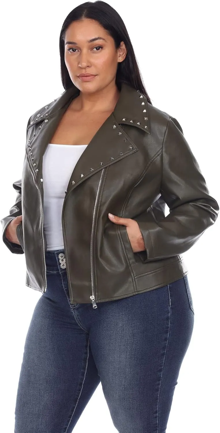 white mark Women's Plus Size Faux Leather Biker Jacket with Studs