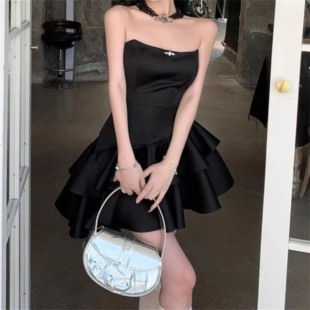 Woman Strapless Sweet Satin Dresses Mini Sleeveless Short Ruffle Dress