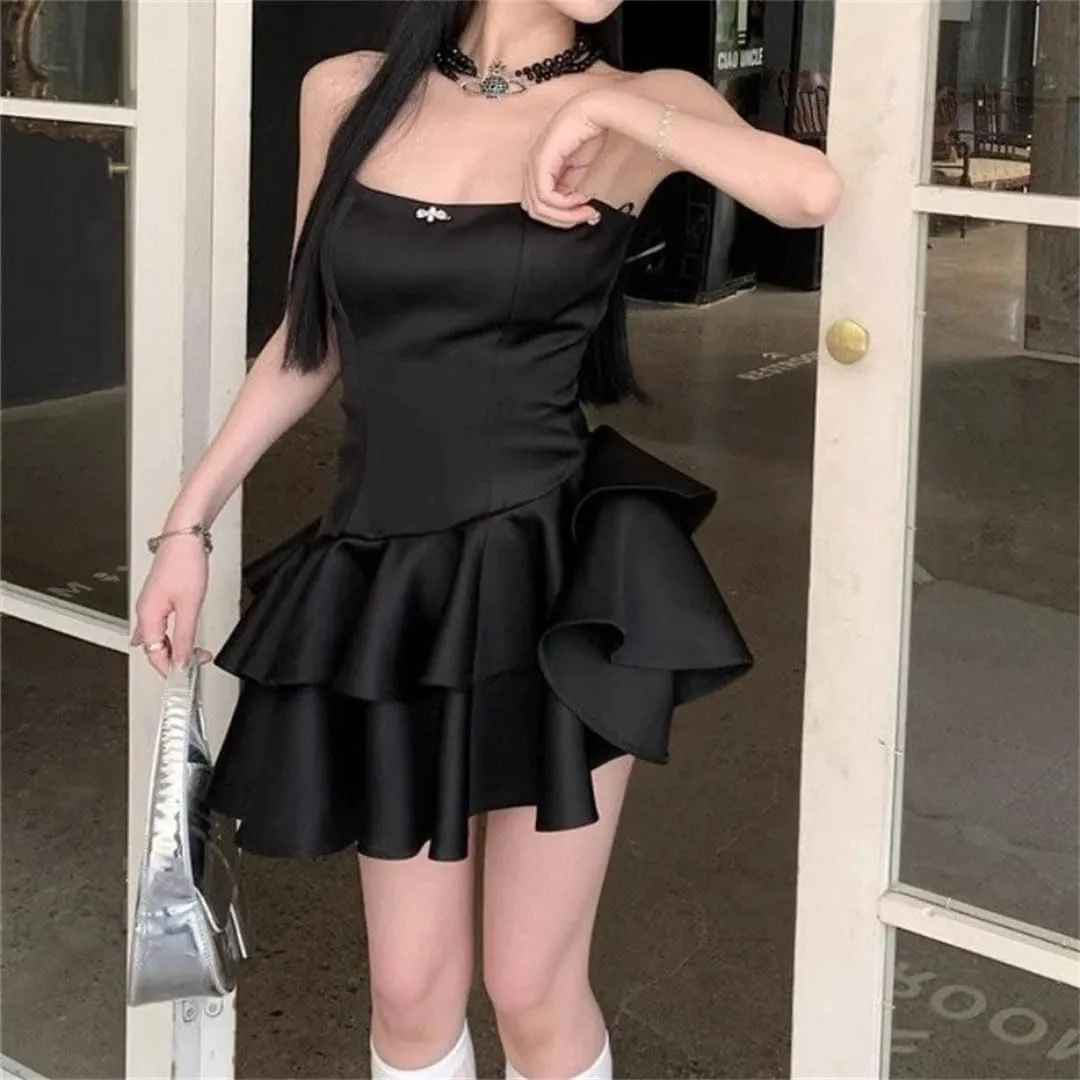 Woman Strapless Sweet Satin Dresses Mini Sleeveless Short Ruffle Dress