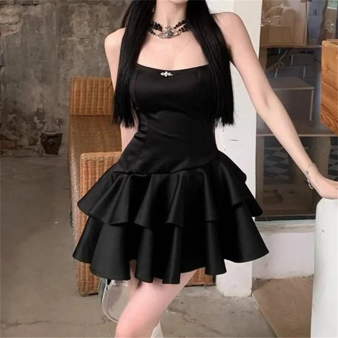 Woman Strapless Sweet Satin Dresses Mini Sleeveless Short Ruffle Dress