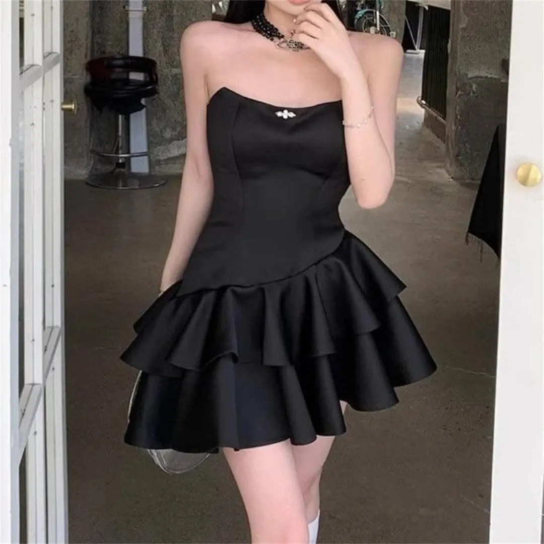 Woman Strapless Sweet Satin Dresses Mini Sleeveless Short Ruffle Dress