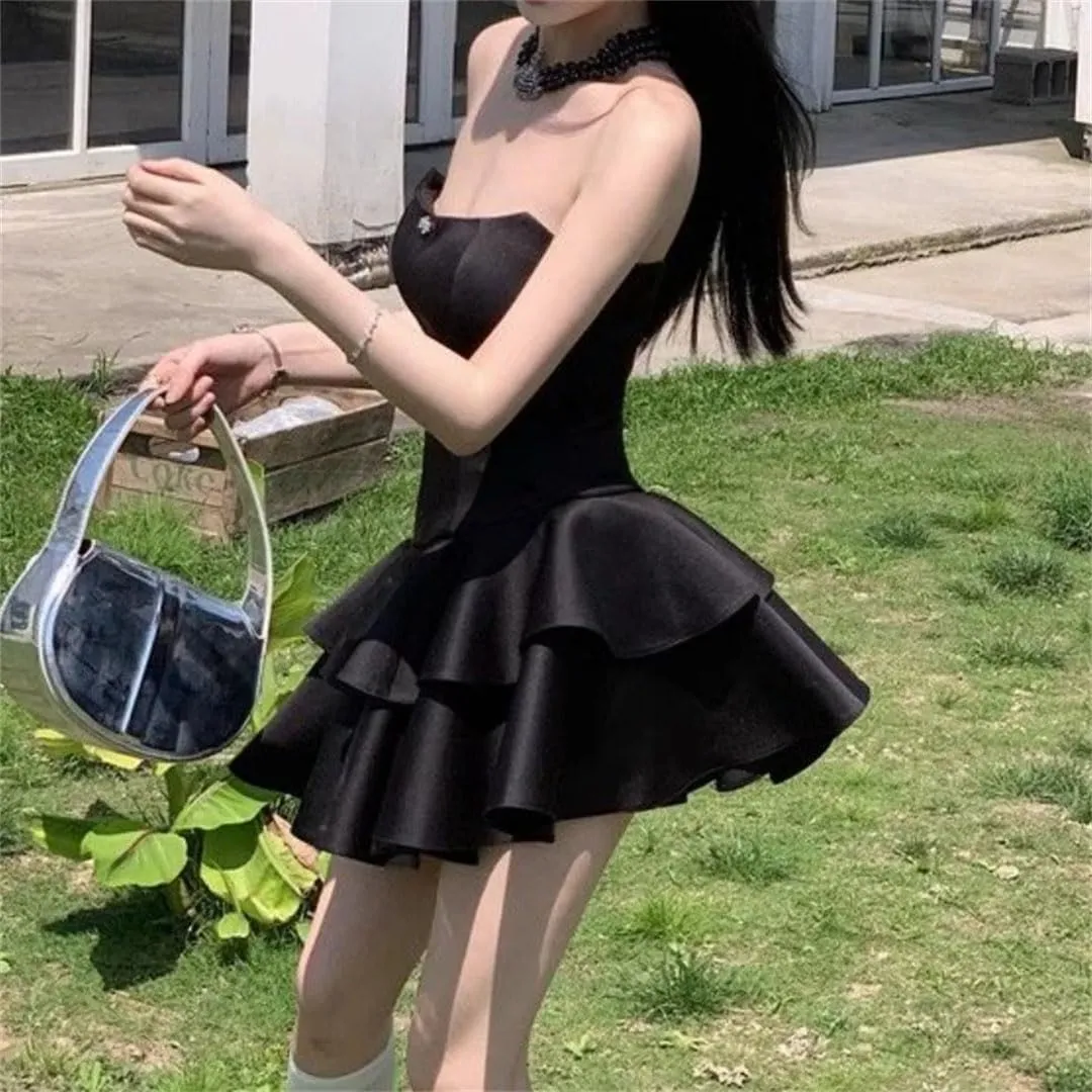 Woman Strapless Sweet Satin Dresses Mini Sleeveless Short Ruffle Dress