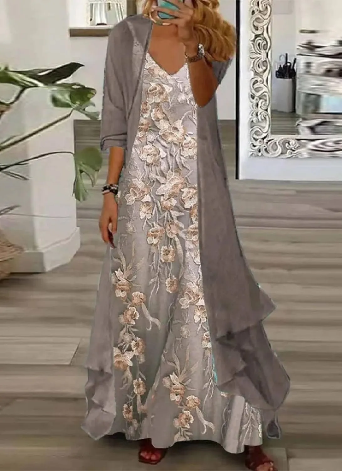 Women 2 Piece Set Brown Floral V Neck Sleeveless Straps with Thin Jacket Flowy Wedding Guest Dress Outfits
