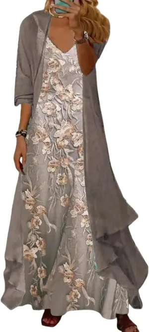 Women 2 Piece Set Brown Floral V Neck Sleeveless Straps with Thin Jacket Flowy Wedding Guest Dress Outfits