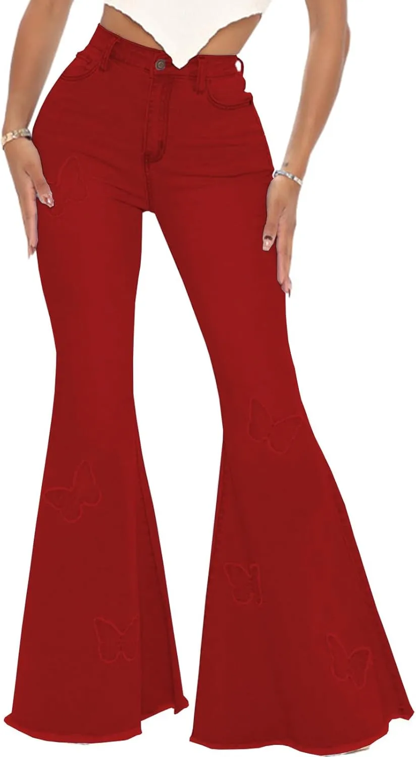 Women Bell Bottom Jeans High Waisted Flare Jean Ripped Hole Classic Denim Bell Bottom Pants