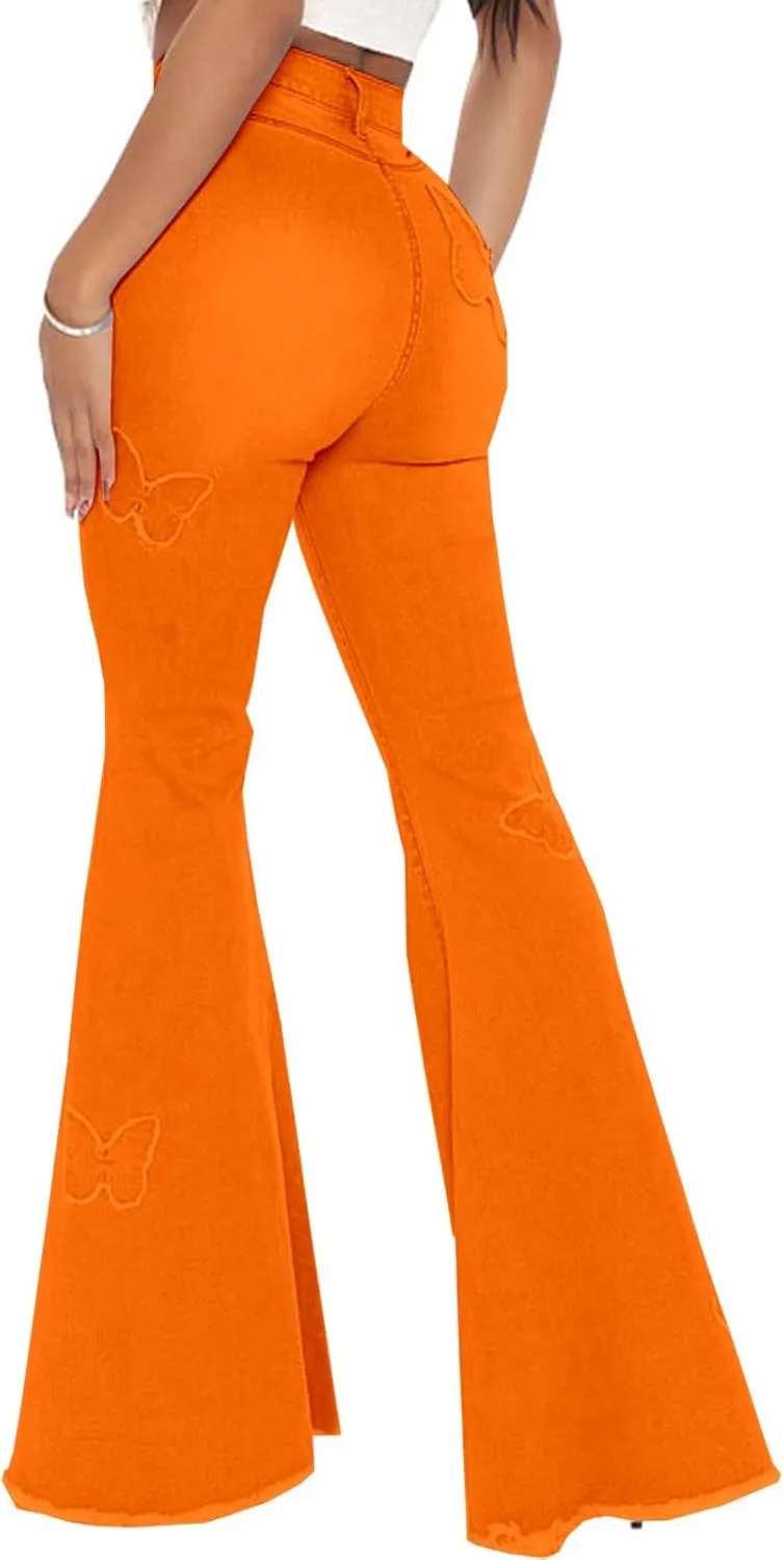 Women Bell Bottom Jeans High Waisted Flare Jean Ripped Hole Classic Denim Bell Bottom Pants