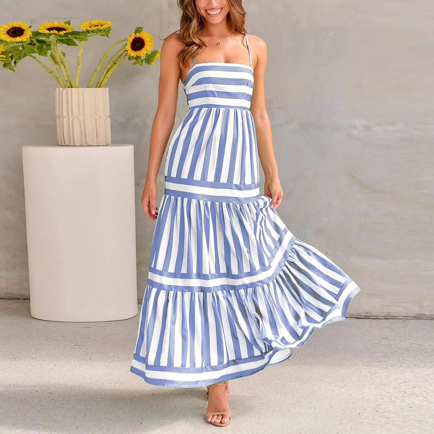 Women Boho Maxi Dress Y2K Spaghetti Strap Striped Print Flowy Long Dress Summer Tiered Beach Sundress