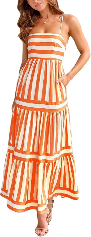 Women Boho Maxi Dress Y2K Spaghetti Strap Striped Print Flowy Long Dress Summer Tiered Beach Sundress