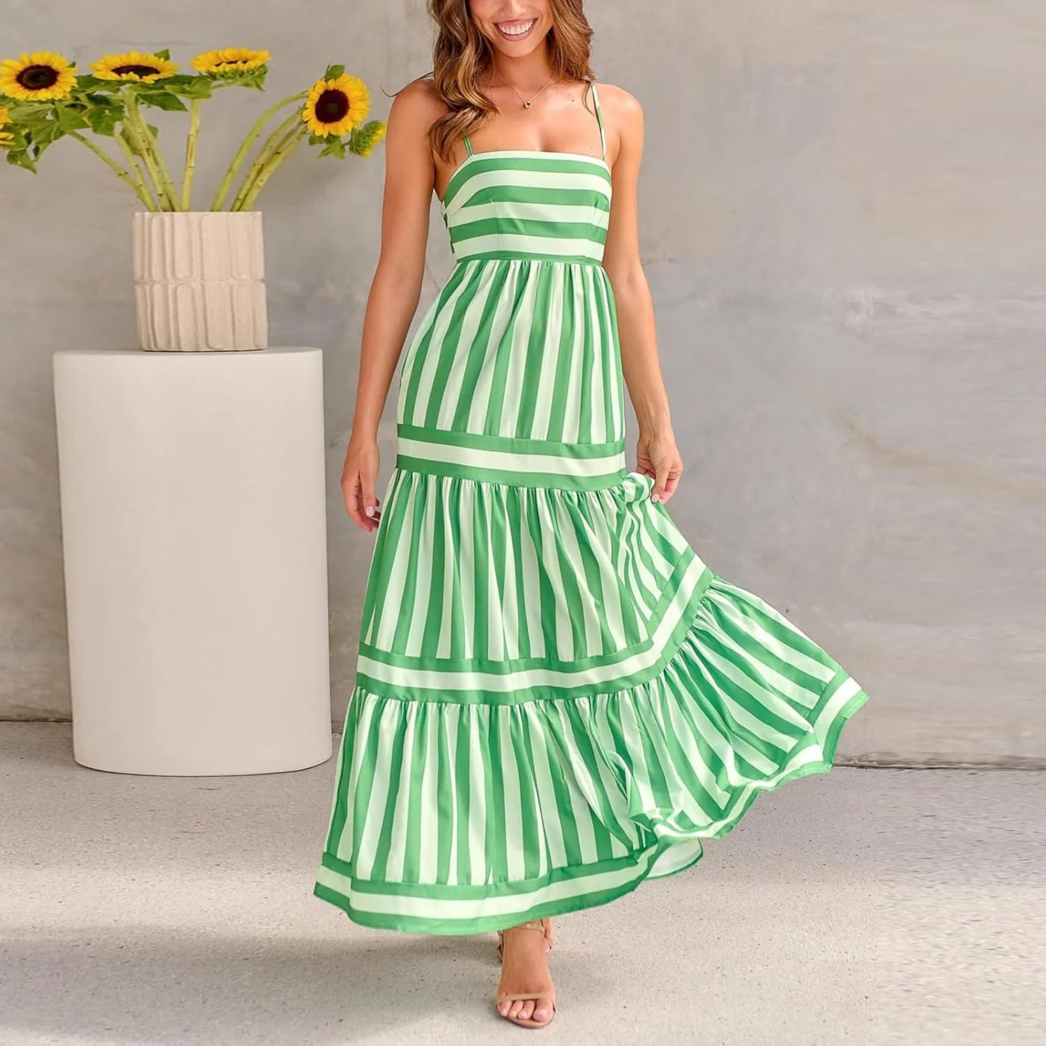 Women Boho Maxi Dress Y2K Spaghetti Strap Striped Print Flowy Long Dress Summer Tiered Beach Sundress