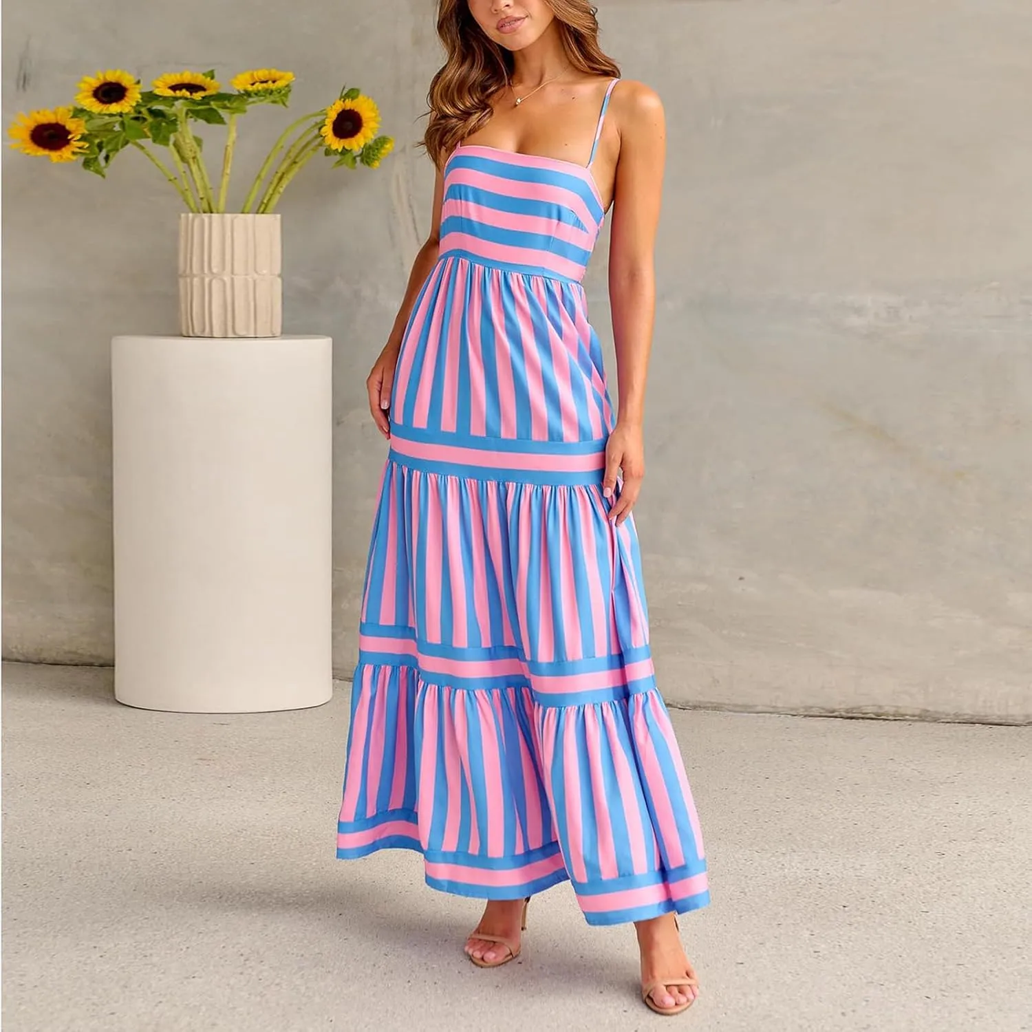 Women Boho Maxi Dress Y2K Spaghetti Strap Striped Print Flowy Long Dress Summer Tiered Beach Sundress