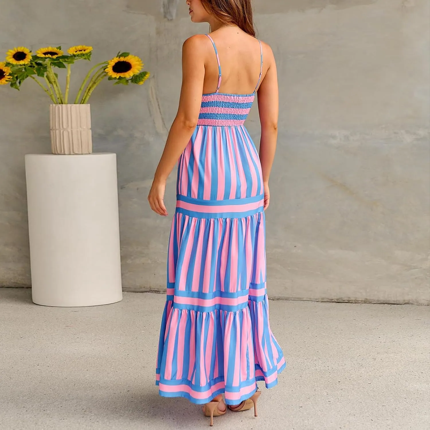Women Boho Maxi Dress Y2K Spaghetti Strap Striped Print Flowy Long Dress Summer Tiered Beach Sundress