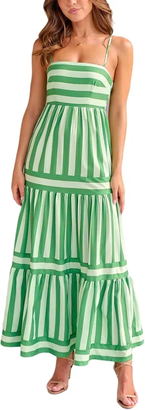 Women Boho Maxi Dress Y2K Spaghetti Strap Striped Print Flowy Long Dress Summer Tiered Beach Sundress