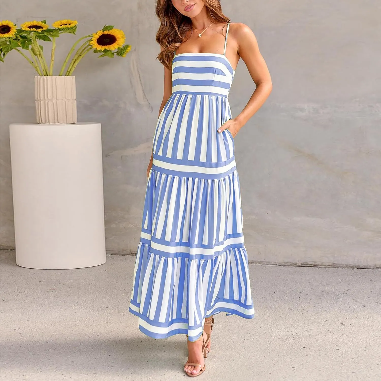 Women Boho Maxi Dress Y2K Spaghetti Strap Striped Print Flowy Long Dress Summer Tiered Beach Sundress