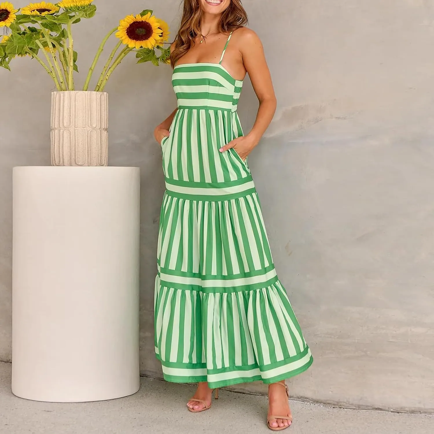 Women Boho Maxi Dress Y2K Spaghetti Strap Striped Print Flowy Long Dress Summer Tiered Beach Sundress