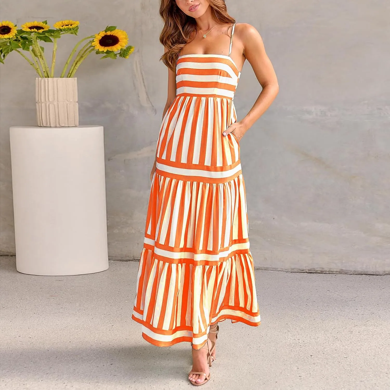 Women Boho Maxi Dress Y2K Spaghetti Strap Striped Print Flowy Long Dress Summer Tiered Beach Sundress