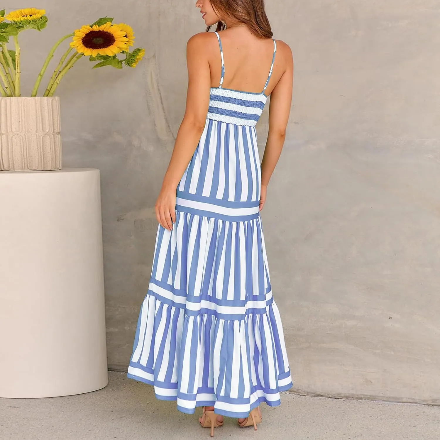 Women Boho Maxi Dress Y2K Spaghetti Strap Striped Print Flowy Long Dress Summer Tiered Beach Sundress