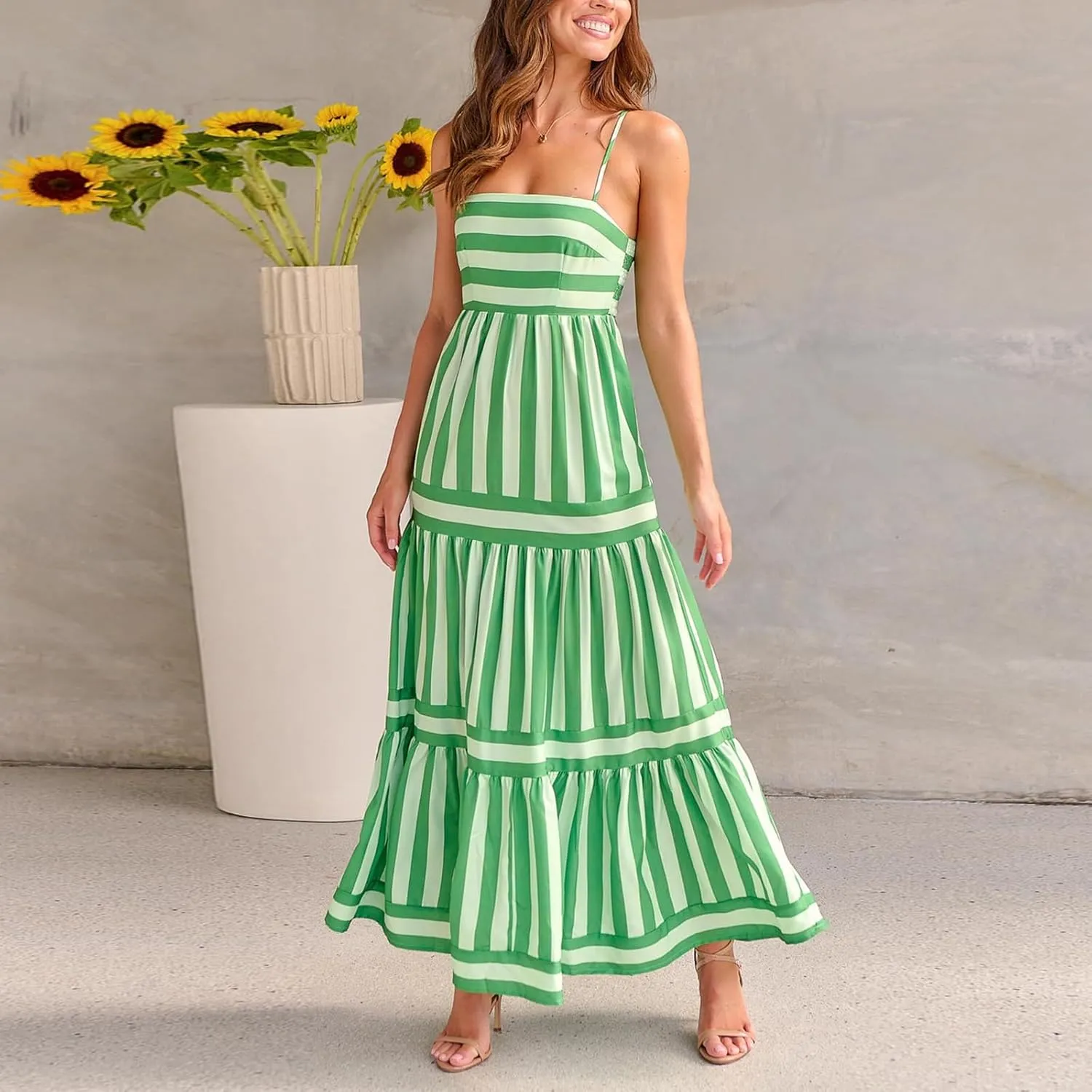 Women Boho Maxi Dress Y2K Spaghetti Strap Striped Print Flowy Long Dress Summer Tiered Beach Sundress