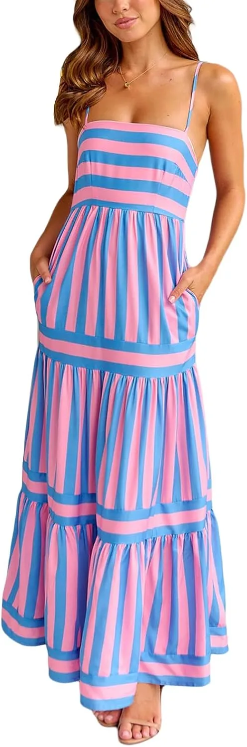 Women Boho Maxi Dress Y2K Spaghetti Strap Striped Print Flowy Long Dress Summer Tiered Beach Sundress