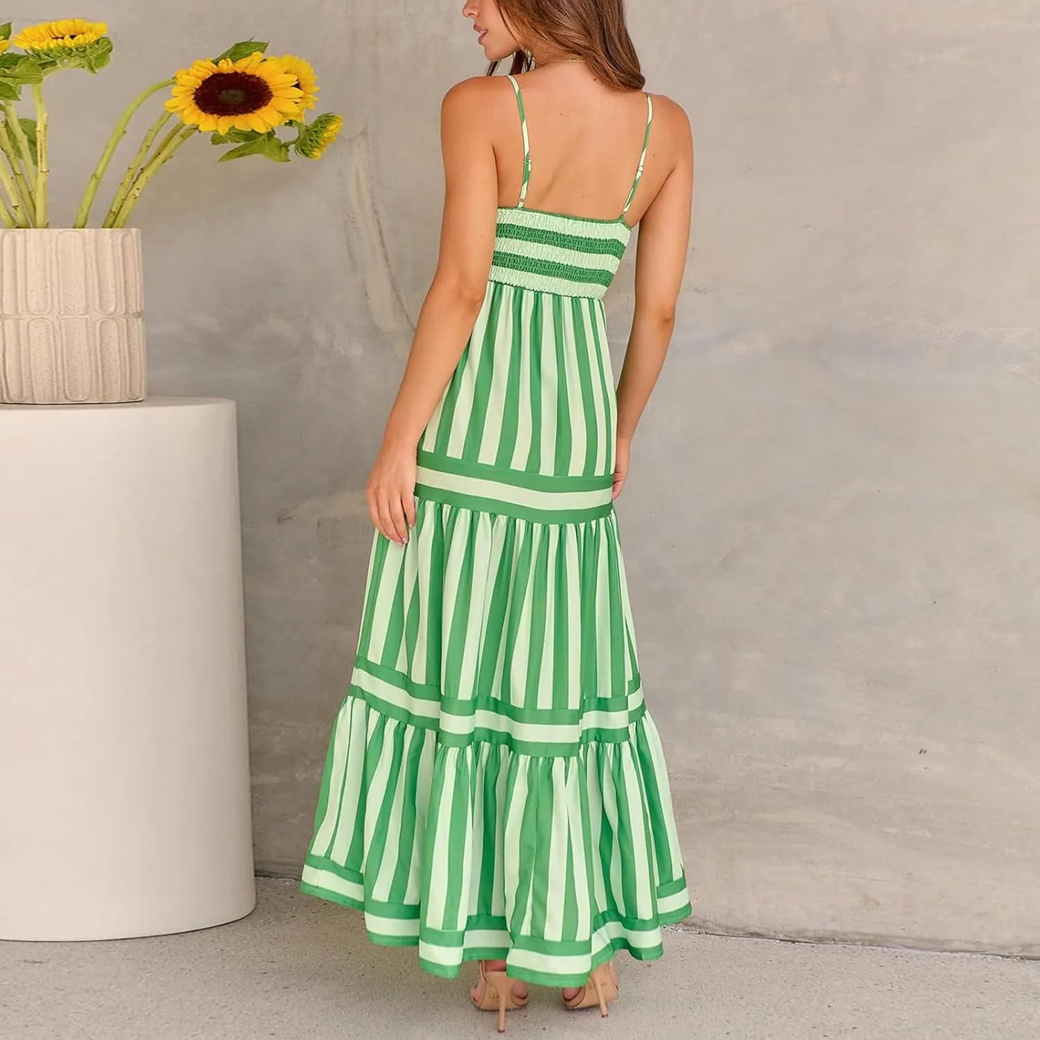 Women Boho Maxi Dress Y2K Spaghetti Strap Striped Print Flowy Long Dress Summer Tiered Beach Sundress