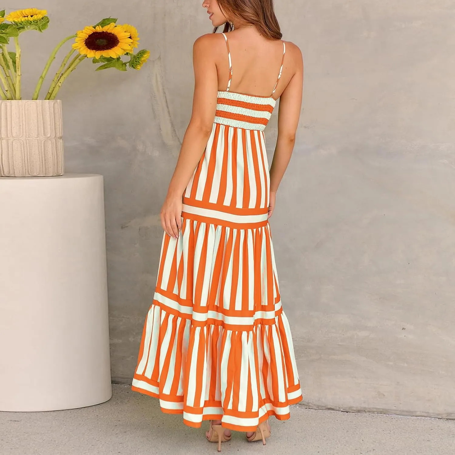 Women Boho Maxi Dress Y2K Spaghetti Strap Striped Print Flowy Long Dress Summer Tiered Beach Sundress