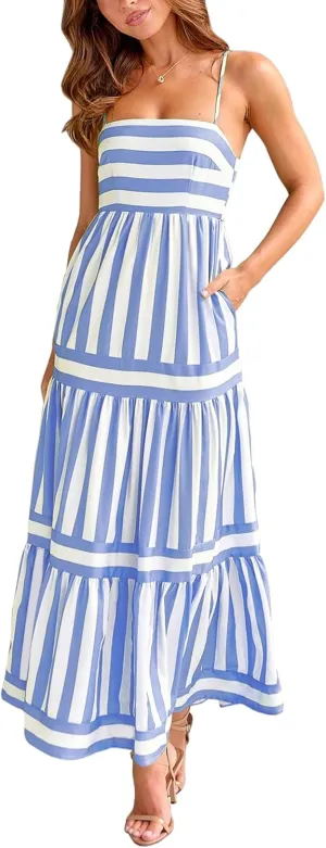 Women Boho Maxi Dress Y2K Spaghetti Strap Striped Print Flowy Long Dress Summer Tiered Beach Sundress