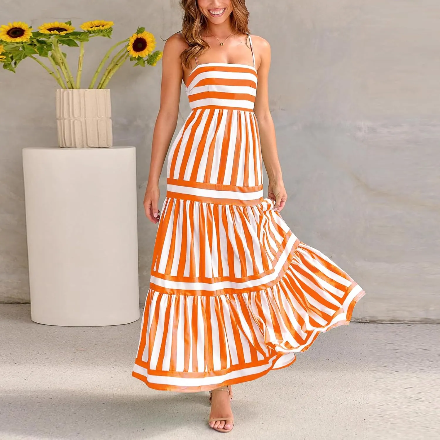 Women Boho Maxi Dress Y2K Spaghetti Strap Striped Print Flowy Long Dress Summer Tiered Beach Sundress