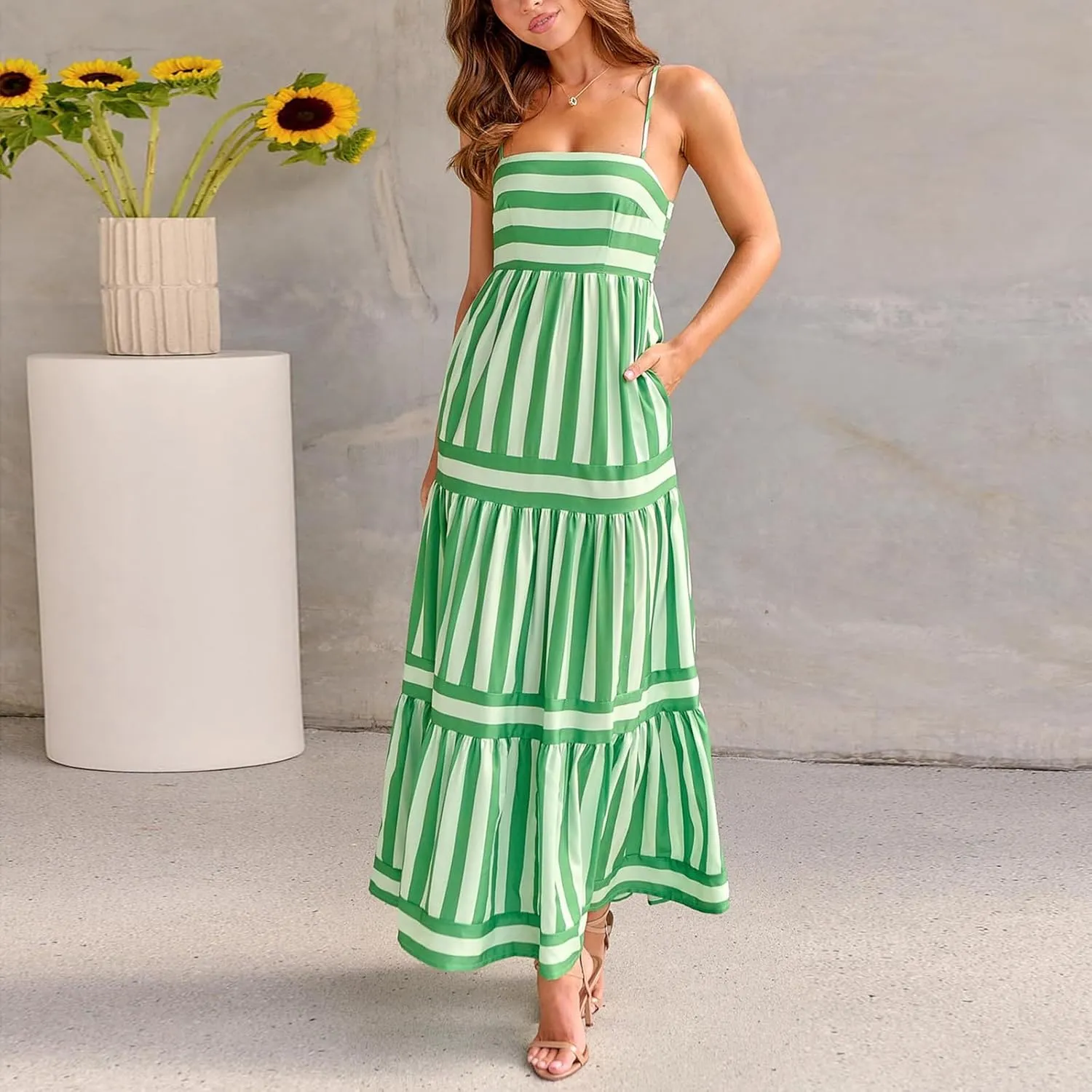Women Boho Maxi Dress Y2K Spaghetti Strap Striped Print Flowy Long Dress Summer Tiered Beach Sundress