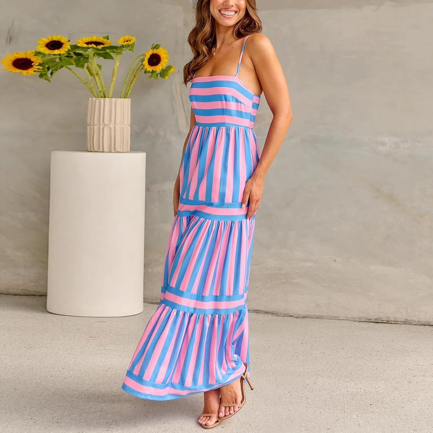 Women Boho Maxi Dress Y2K Spaghetti Strap Striped Print Flowy Long Dress Summer Tiered Beach Sundress