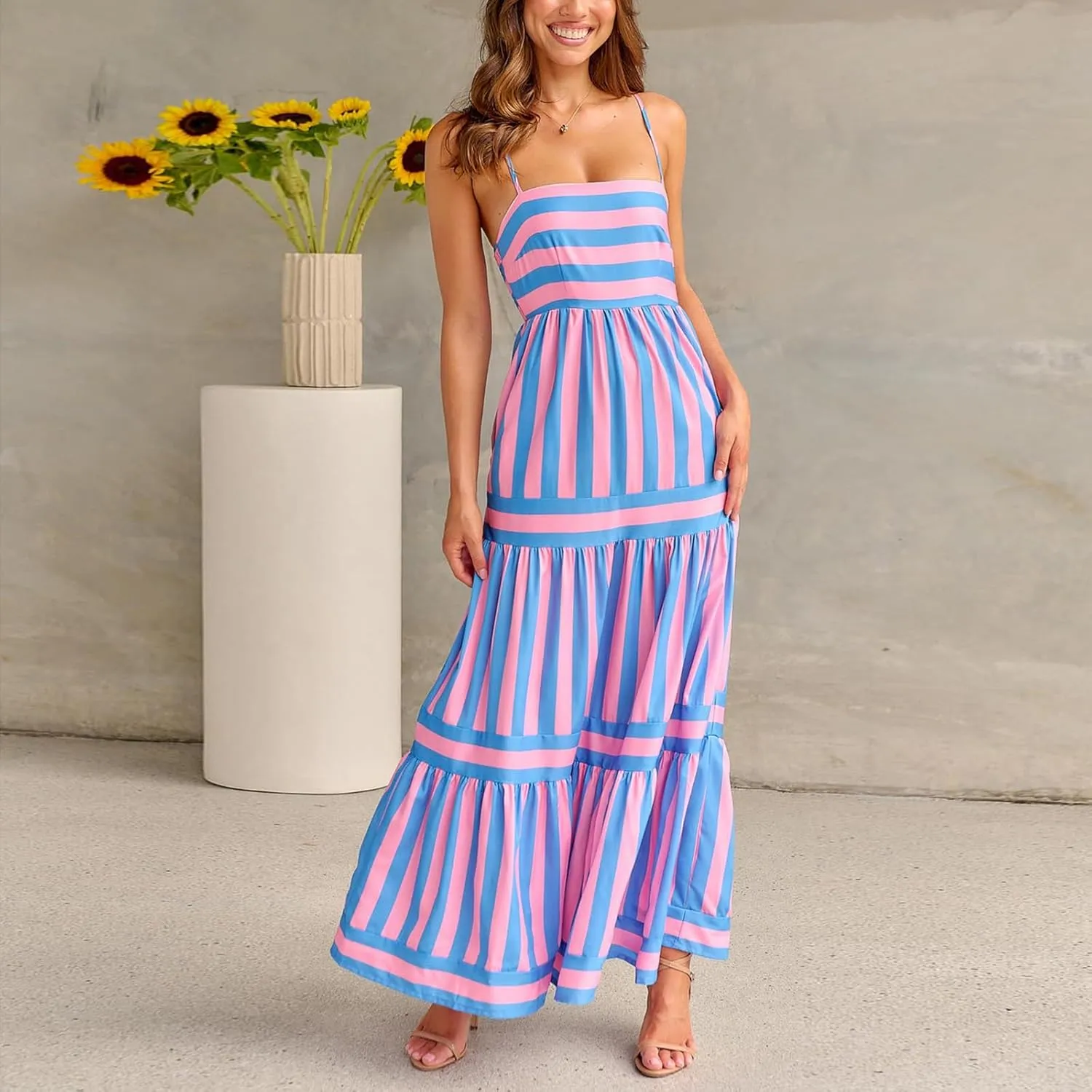 Women Boho Maxi Dress Y2K Spaghetti Strap Striped Print Flowy Long Dress Summer Tiered Beach Sundress
