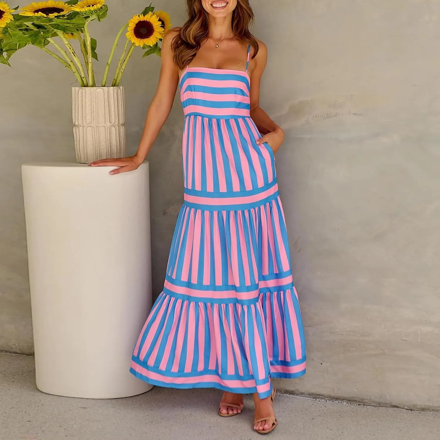 Women Boho Maxi Dress Y2K Spaghetti Strap Striped Print Flowy Long Dress Summer Tiered Beach Sundress