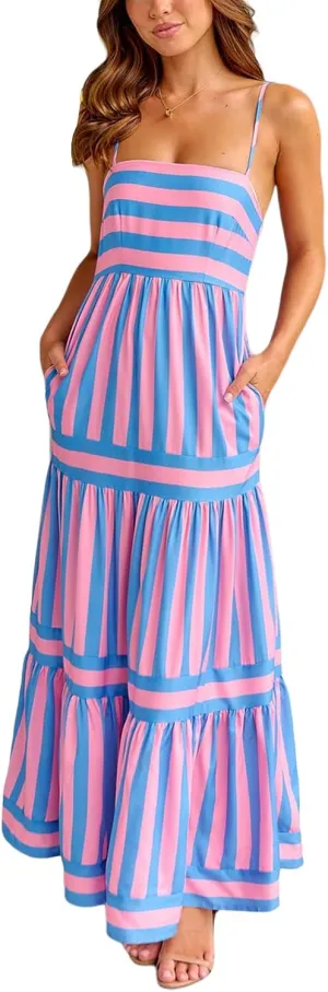 Women Boho Maxi Dress Y2K Spaghetti Strap Striped Print Flowy Long Dress Summer Tiered Beach Sundress