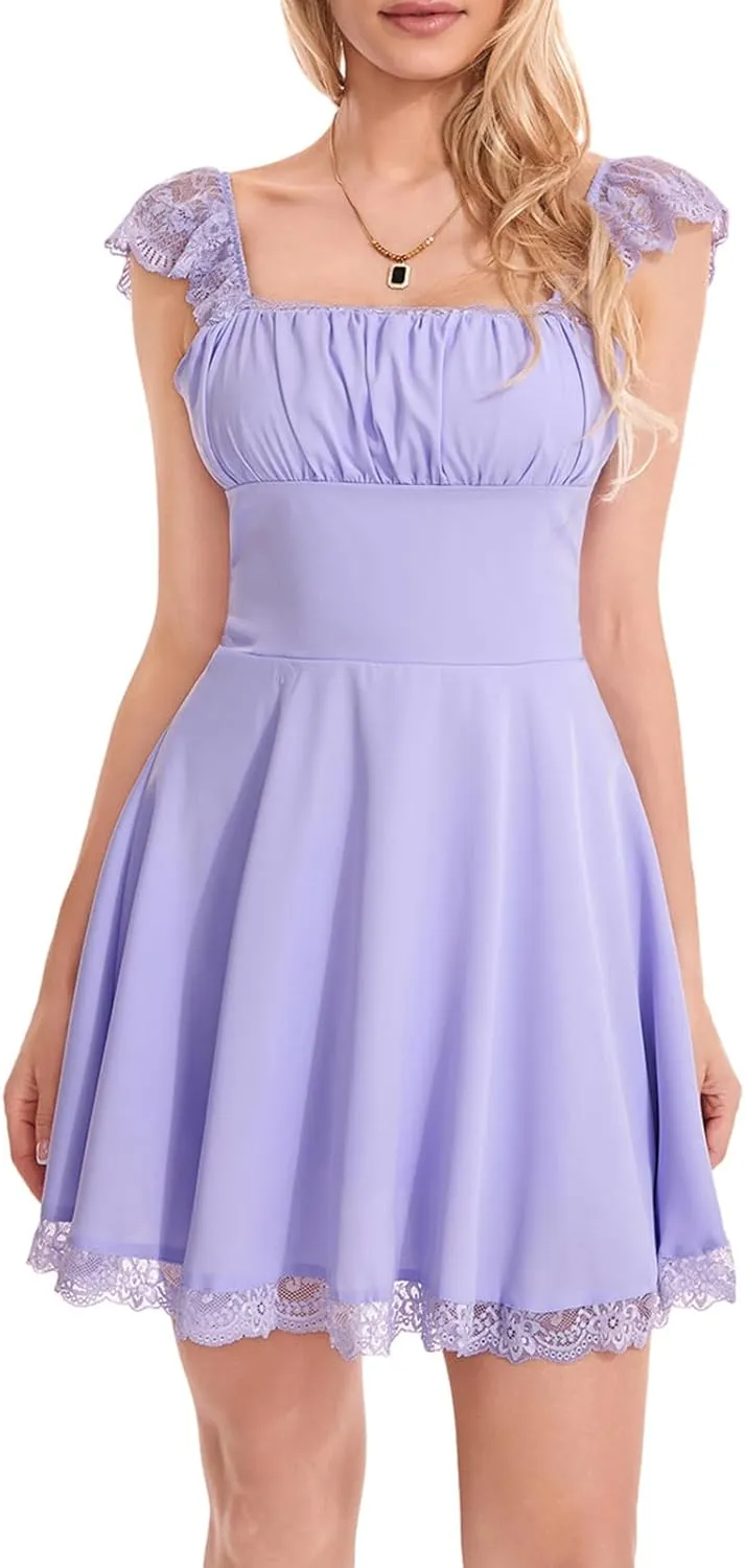 Women Fly Sleeve Mini Dress Sweetheart-Neck Swiss Dot Sleeveless Chiffon Tiered Ruffle Hem Bodycon Dress Streetwear