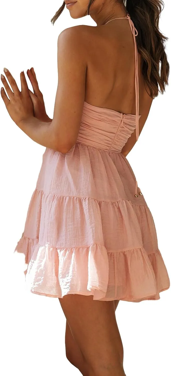 Women Halter Neck Maxi Dress Sexy Sleeveless Backless Flowy Long Dress Summer Low Cut Beach Holiday Sundresses