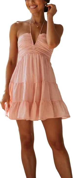 Women Halter Neck Maxi Dress Sexy Sleeveless Backless Flowy Long Dress Summer Low Cut Beach Holiday Sundresses