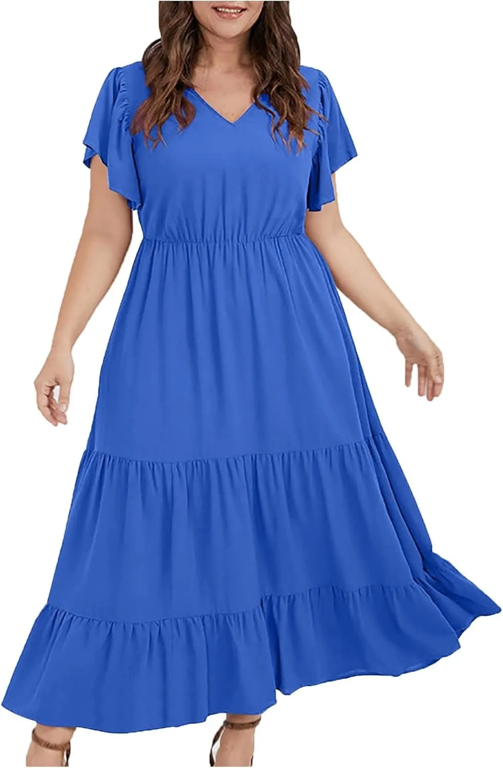 Women Plus Size Summer Midi Dress Tiered Casual Short Sleeve V Neck Loose Swing Dresses with Ruffle Sleeve and Pocket